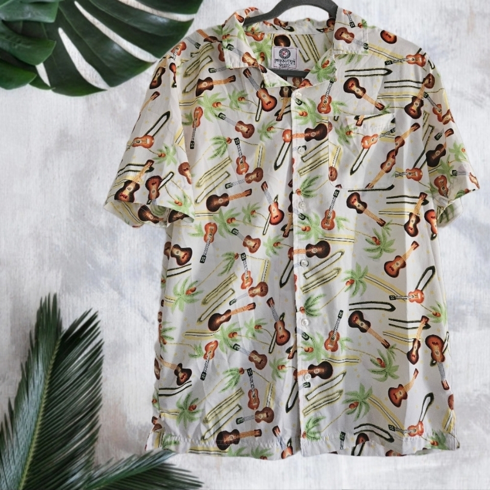 Revolution Clothing Men's Guitar Print Satin Tropical Hawaiian Shirt Size M